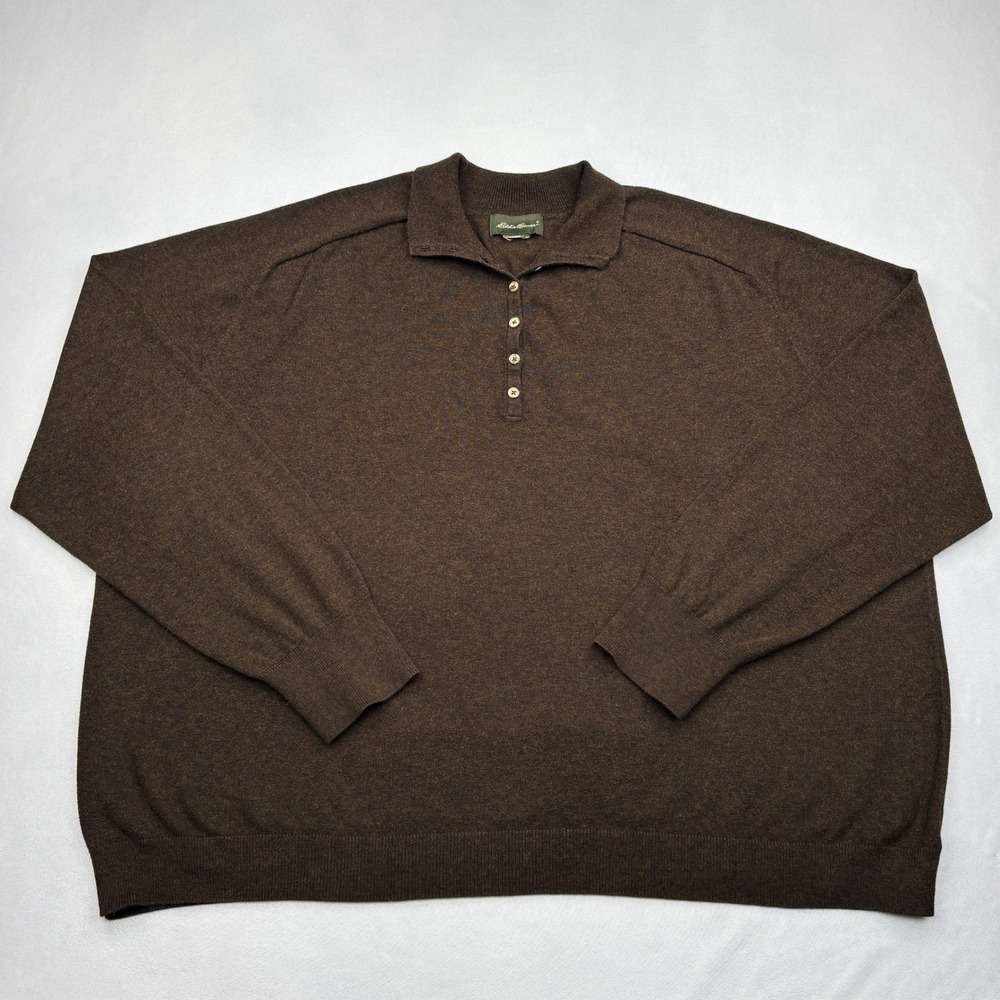 Eddie Bauer Sweater Womens 2X Brown Cotton Knit Long Sleeve Polo Pullover Top